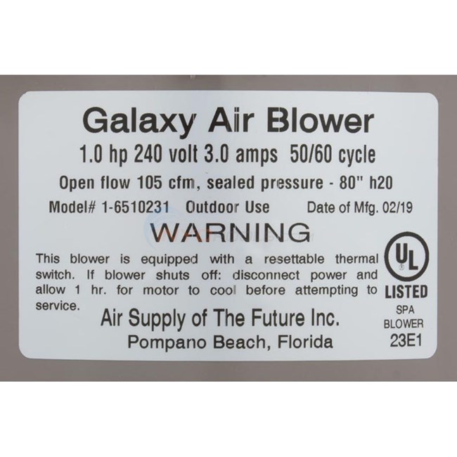 Air Supply Air Blower, Galaxy Supreme Spa Blower 1.0Hp 220V 3.0 Amp Hardwire - GAL1020