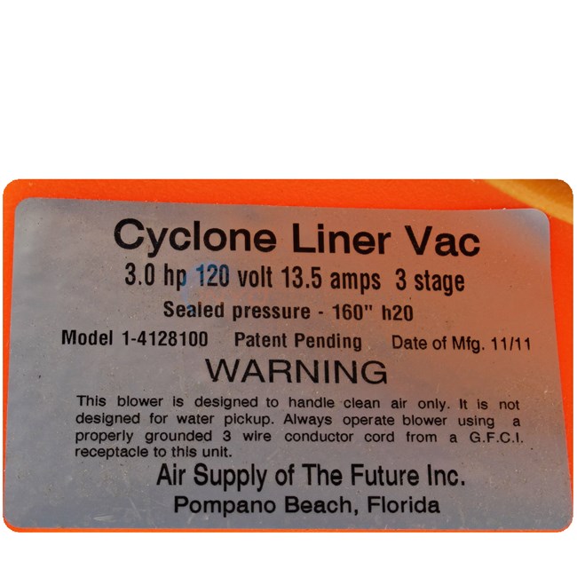 Clearance - Air Supply Cyclone Liner Vac 3 HP 120 Volt (Briefly Used) - 8-4128100