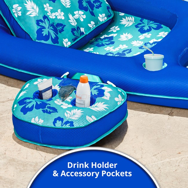 Aqua Leisure Aqua Campania Ultimate 2 in 1 Recliner & Tanner Pool Lounger with Caddy, Inflatable Pool Float, Teal Hibiscus Print - AZL14856
