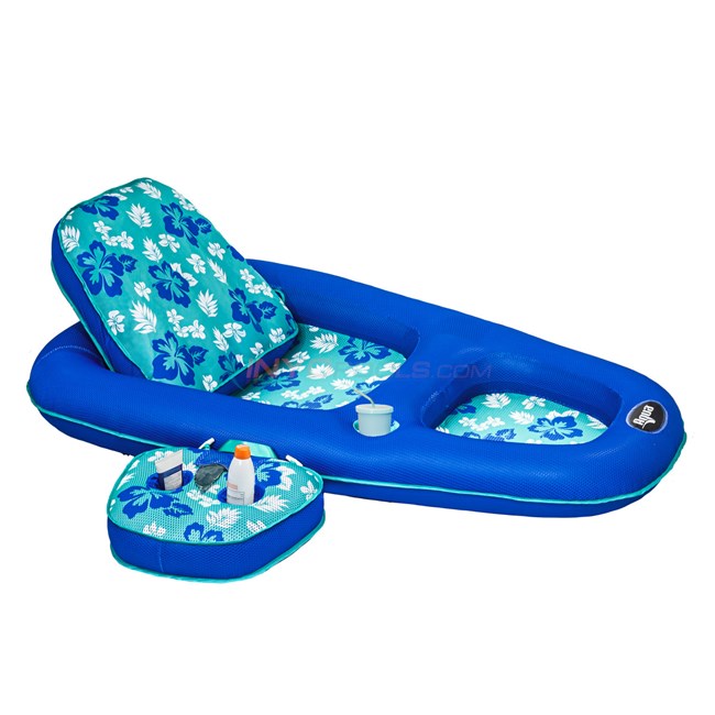 Aqua Leisure Aqua Campania Ultimate 2 in 1 Recliner & Tanner Pool Lounger with Caddy, Inflatable Pool Float, Teal Hibiscus Print - AZL14856