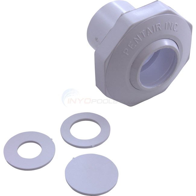 Pentair Inlet Fitting for Pool Wall, Economy Insider 1" Slip with Snap-In and Pressure Test Disks, White - 542000