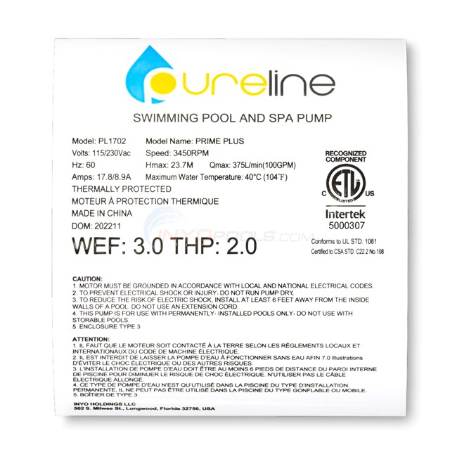 Pureline 2 HP Prime Plus Pump, Inground Pool, Single Speed, 115/230 Volt, Hayward™ Super II Drop-In Replacement - PL1702