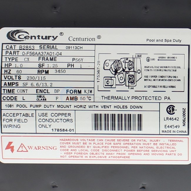 Century (A.O. Smith) 1.0 HP Up Rate Motor, Square Flange 56Y Frame, Single Speed - Model B2853