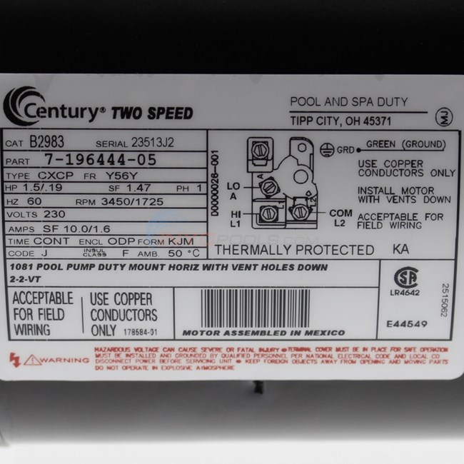 A.O. Smith Century 1.5 HP Square Flange 56Y Dual Speed Full Rate Motor - B2983