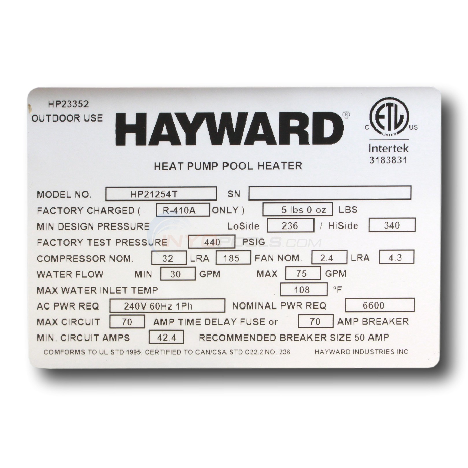 Hayward HeatPro Heat Pump 125,000 BTU HP21254T