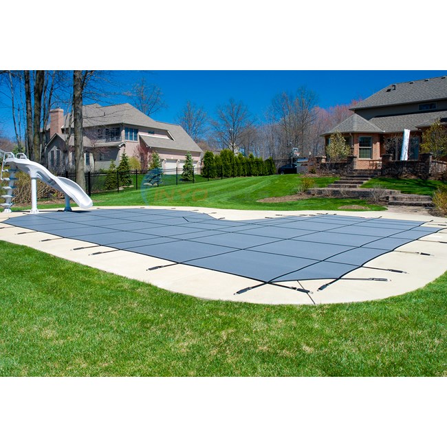 14' x 28' Rectangular w/ 4' x 8' Left Step Grey Mesh Safety Cover 18 Year (2 Years Full) - DGY142858LSF
