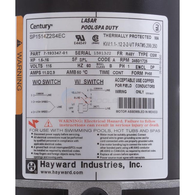 Hayward 1.5 HP Dual Speed Motor w/ Switch - SPX1515Z2ES