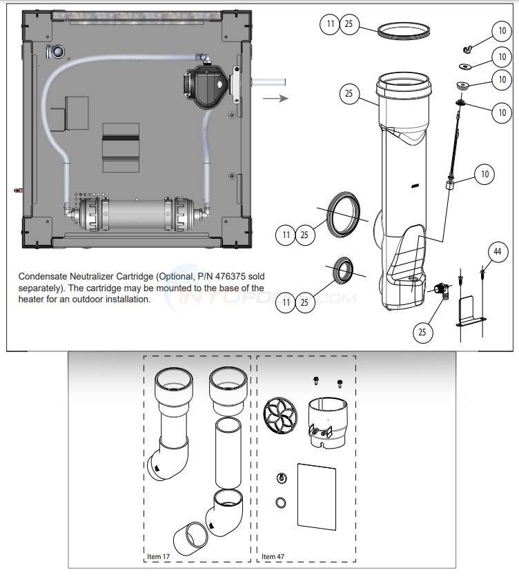 Pentair ETi 250 Heater - Intake, Exhaust, and Condensate Neutralizer Parts Diagram