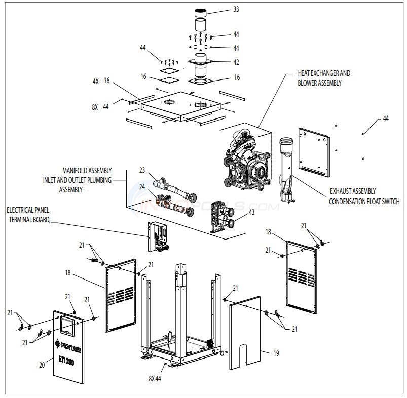 Pentair ETi 250 Heater - General Replacement Parts Diagram