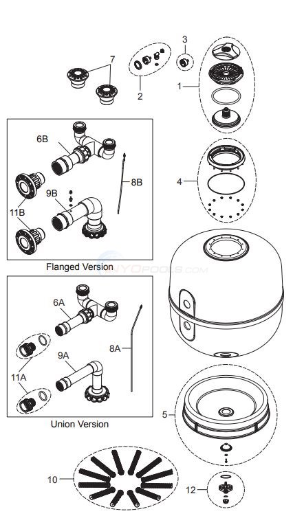 Jandy SFSM100 and SFSM100F Series Side-Mount Sand Filters Parts Diagram