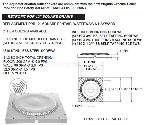 Aquastar 12" x 12' Square Retrofit Drain Parts