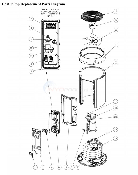 Hayward HeatPro Heat Pumps: HP20654T, HP20654BT, HP20854BT, HP20854T, HP21104T, HP21104TC Diagram