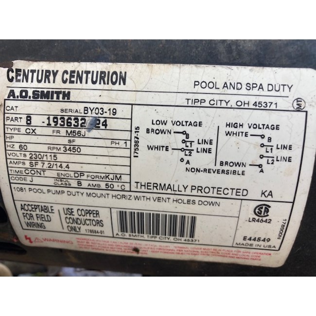 Century (A.O. Smith) 1.0 HP Full Rate Motor, Round Flange 56J Frame, Dual Speed - Model B975 - B2975