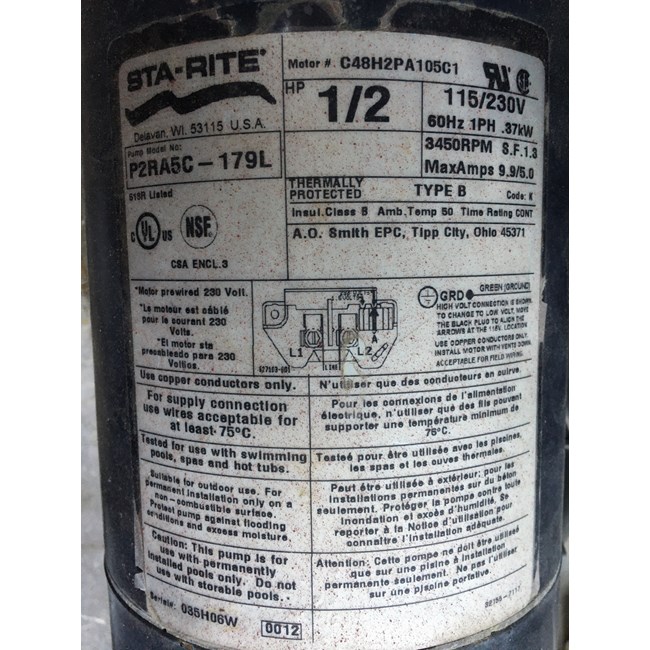 Century (A.O. Smith) .5 HP Up Rate Motor, Square Flange 48Y Frame, Single Speed - Model USQ1052