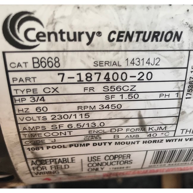 Century (A.O. Smith) .75 HP Full Rate Motor, Square Flange 56Y Frame, Single Speed - Model B847 - B2847V1