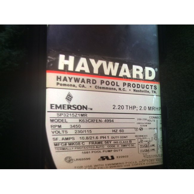 Hayward Motor, 1-1/2hp Full,  Tristar, 115 208-230v Single Speed, SPX3215Z1BER, HSQ1152, SP3215Z1BE, SPX3215Z1MR, SP3215Z1MR - 5112-256