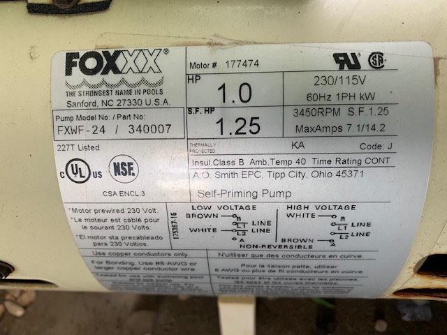 Pentair OEM Motor WFE4/WF26 1HP Almond 355010S