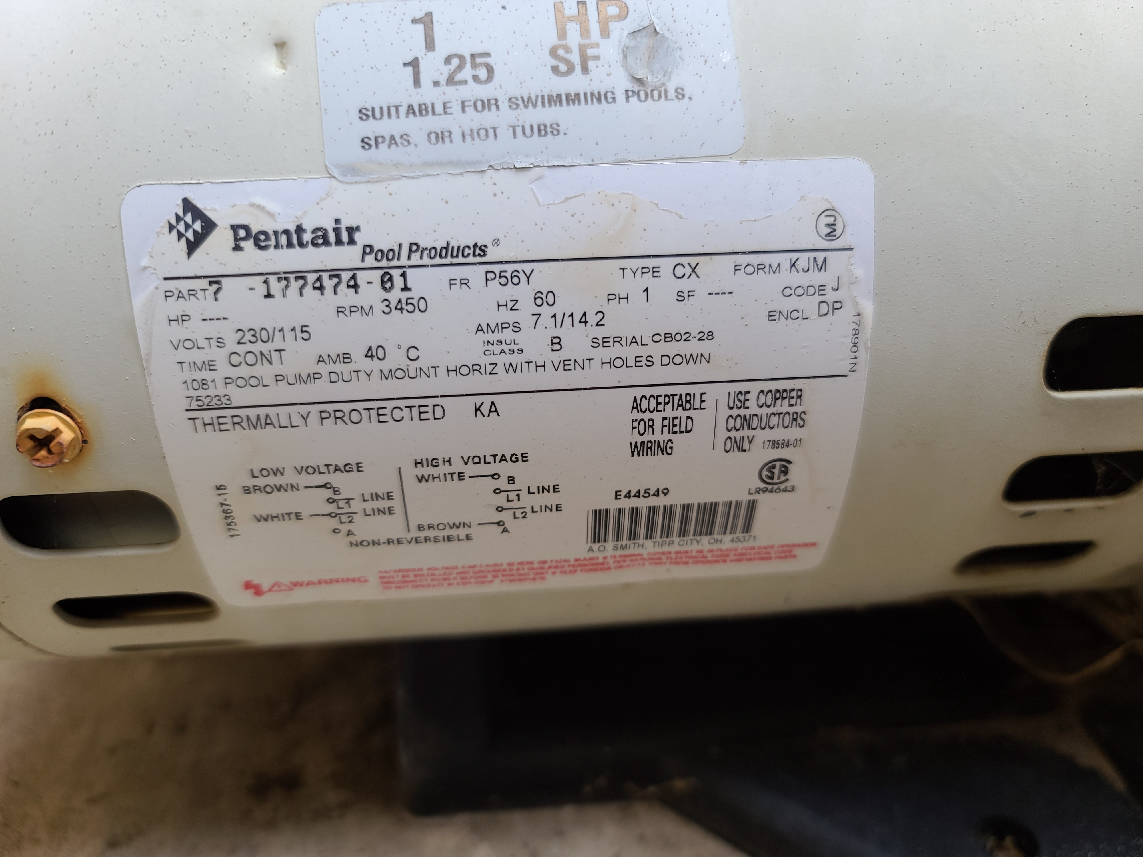 Pentair OEM Motor WFE4/WF26 1HP Almond 355010S