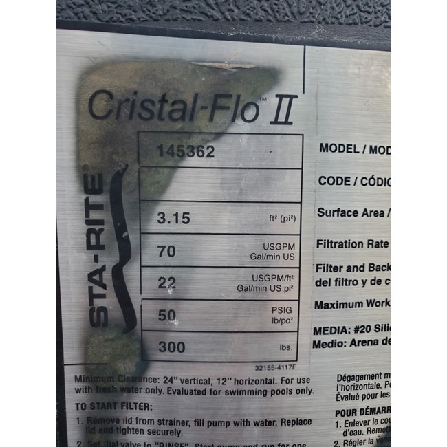 Sta-Rite Filters - Cristal-Flo II 3.1 Sq. Ft. - 145362