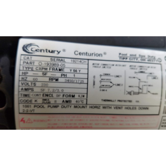Century (A.O. Smith) 1.0 HP Full Rate Motor, Square Flange 56Y Frame, Dual Speed - Model B2982