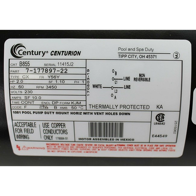 Century (A.O. Smith) 3.0 HP Full Rate EE Motor, Square Flange 56Y Frame, Single Speed - Model B2844