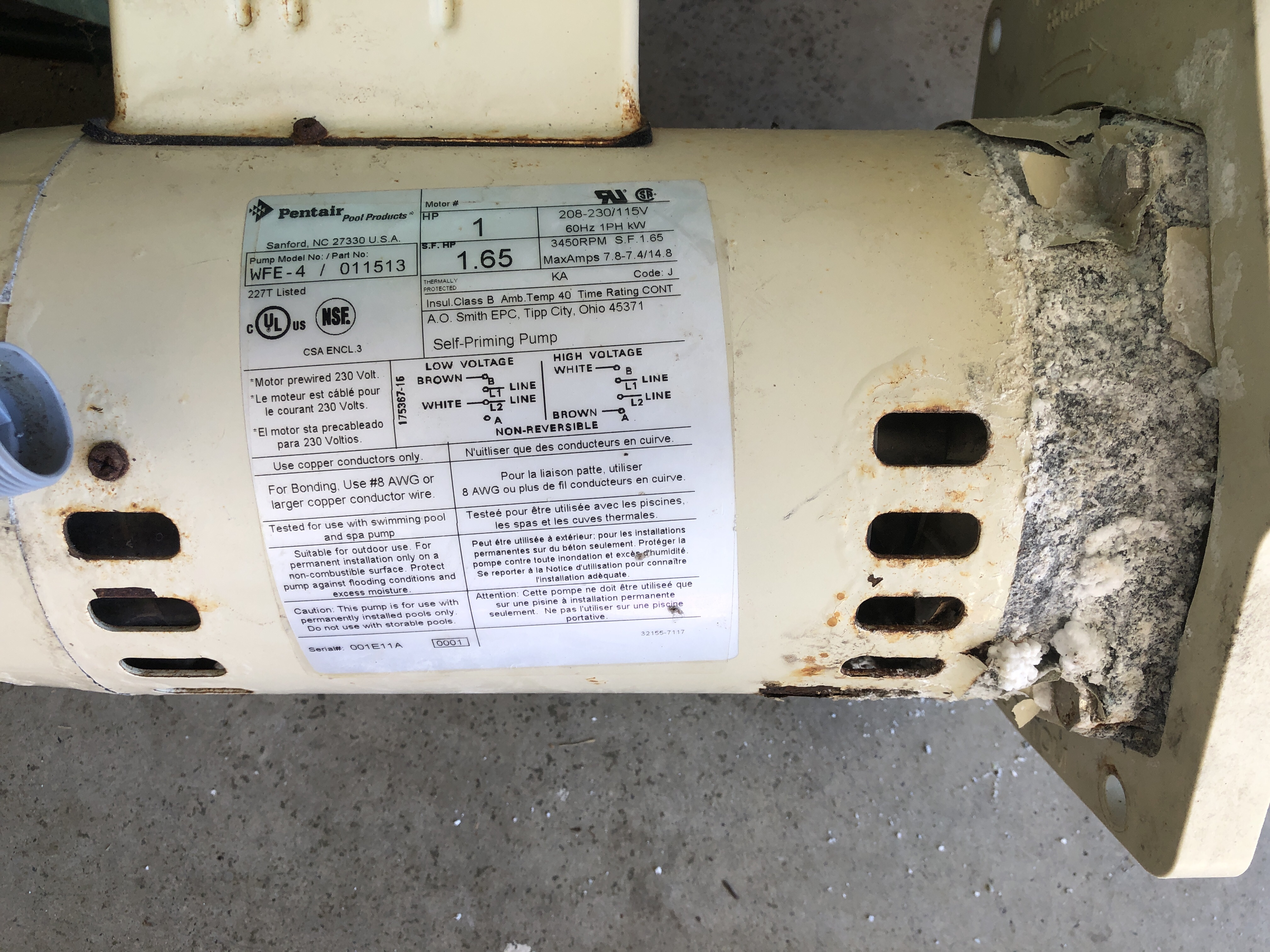 Pentair OEM Motor WFE4/WF26 1HP Almond 355010S