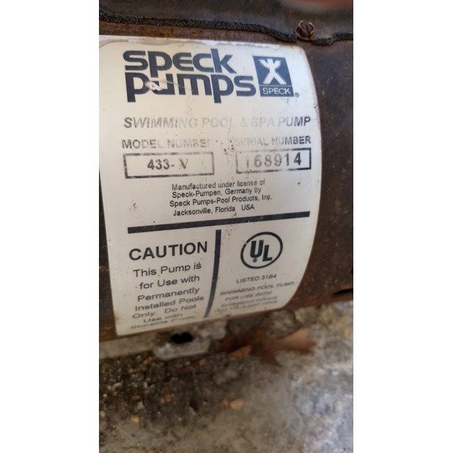 Speck 433 2.5 HP Two Speed Pool & Spa Pump (433-V-2) Replaced by IG115-V270T-0US 433-V UVS 2.7THP VARIABLE SPEED PUMP 230V 11.1A