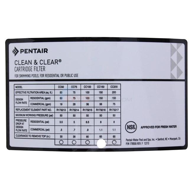 Pentair Clean & Clear Cartridge Filter, 150 Sq. Ft. - EC-160317