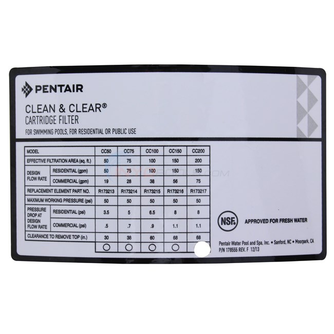 Pentair Clean & Clear Cartridge Filter, 200 Sq. Ft. - EC-160318