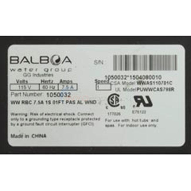 Balboa Vico WOW Bath Pump 7.5 Amps 115V Includes Air Switch and 3' Nema Cord - 1050032