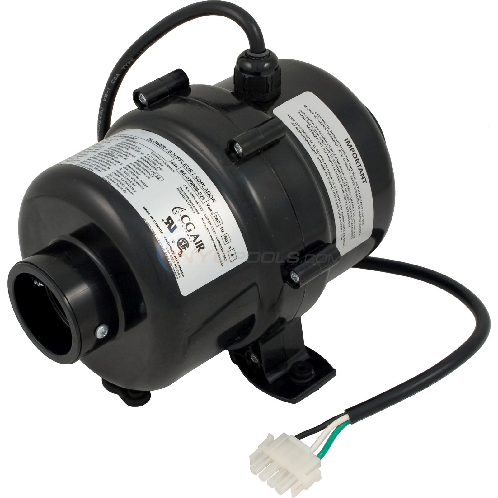Millenium Spa Blower, 220V 3` cord w/amp plug, 4.0 Amps