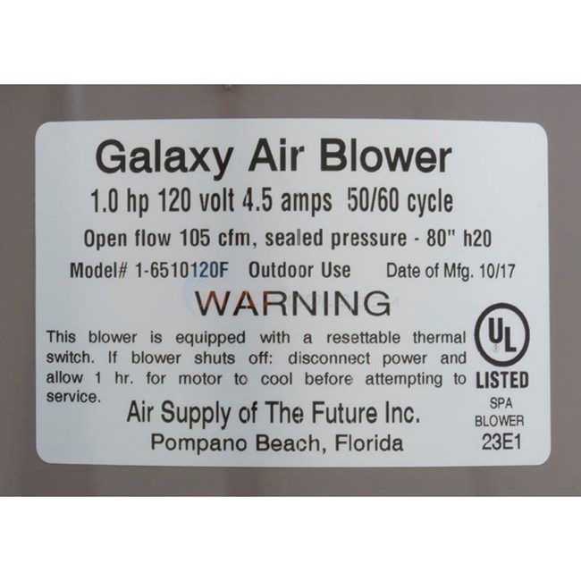 Air Supply Air Blower, Galaxy Supreme Spa Blower 1.0 HP 110V 4.5a Hardwire - GAL1010