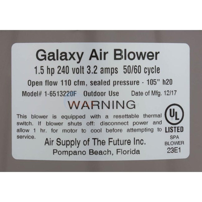 Air Supply Air Blower, Galaxy Supreme Spa Blower 1.5HP 220V 3.2 Amp Hardwire - GAL1520