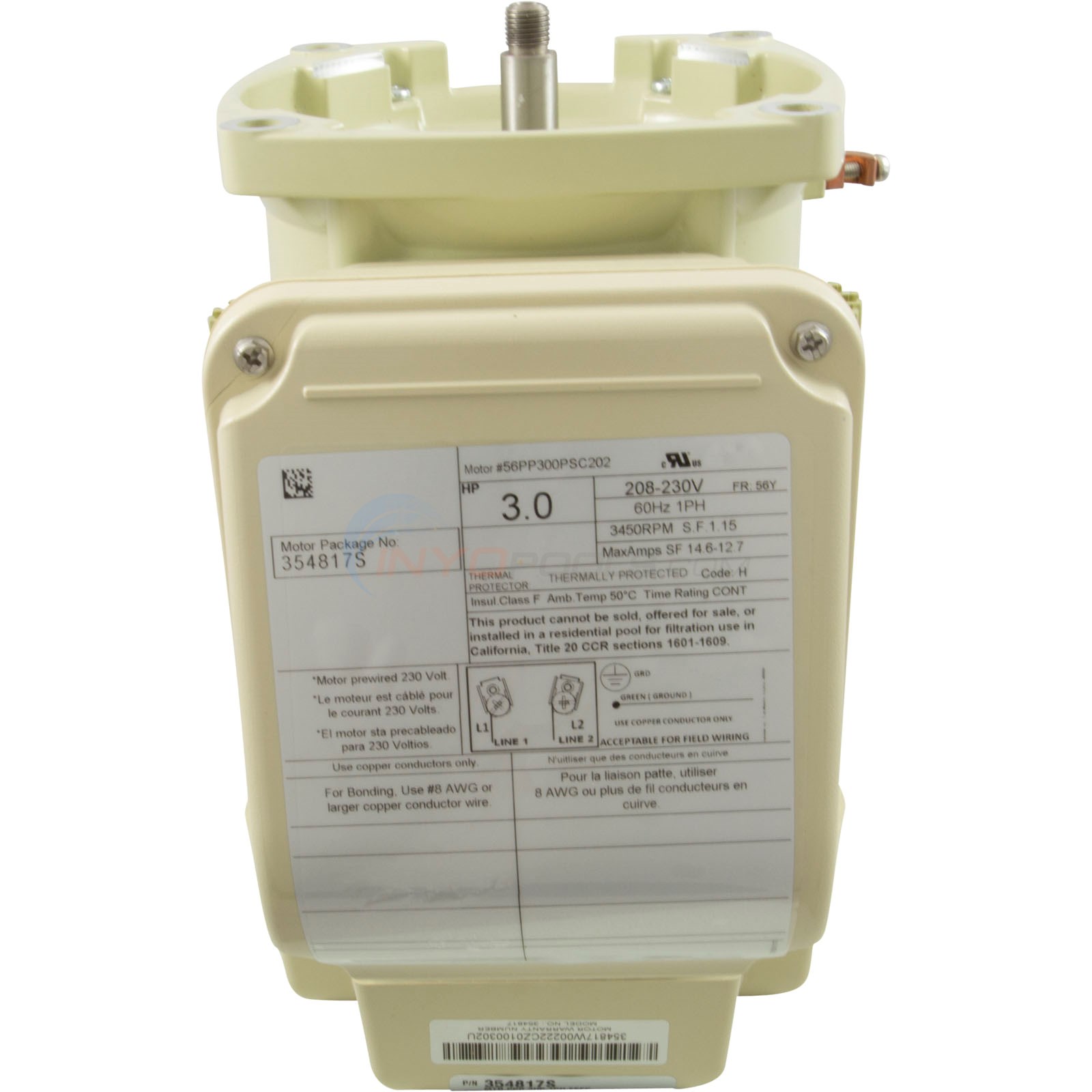 Motor, Pentair WF/WFXF, 3.0hp, 208-230v, 1-Spd, 56Y, SQFL, TEFC ...
