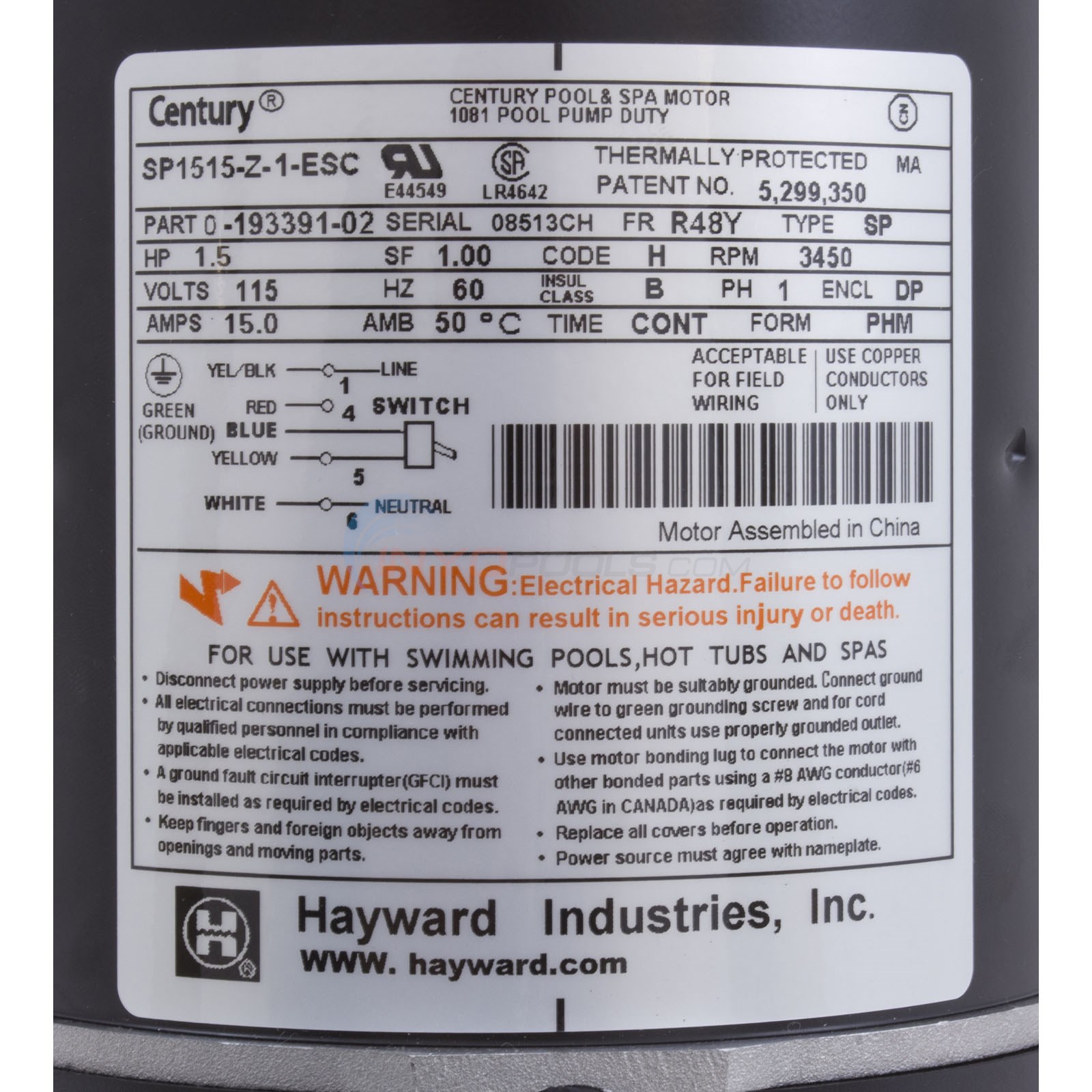 Hayward Single Speed 1-1/2 HP Motor with Switch for PowerFlo