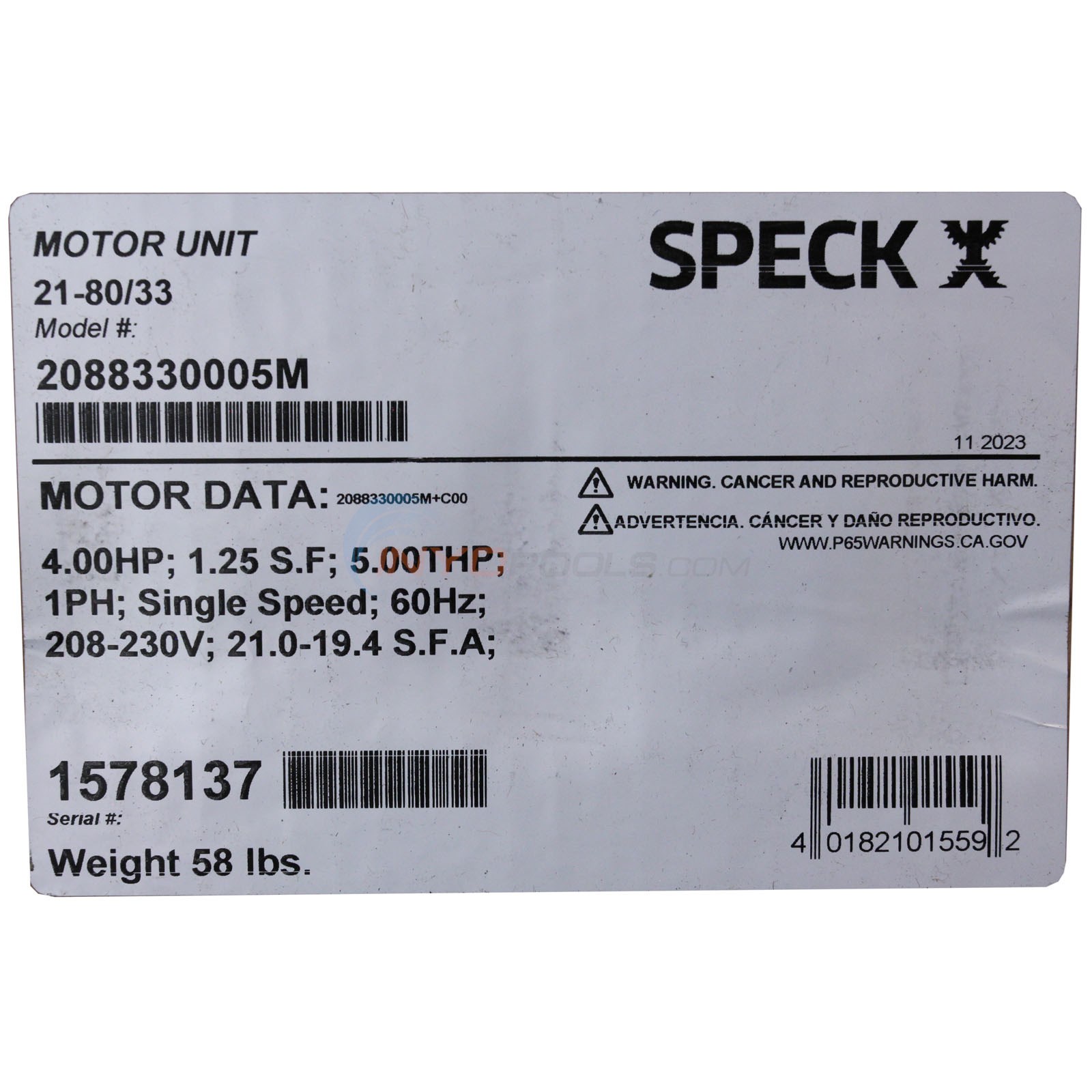 Speck Pumps 4HP MOTOR UNIT 21-80/33 GS (2088330005M Speck Pumps 4HP MOTOR UNIT 21-80/33 GS (2088330005M
