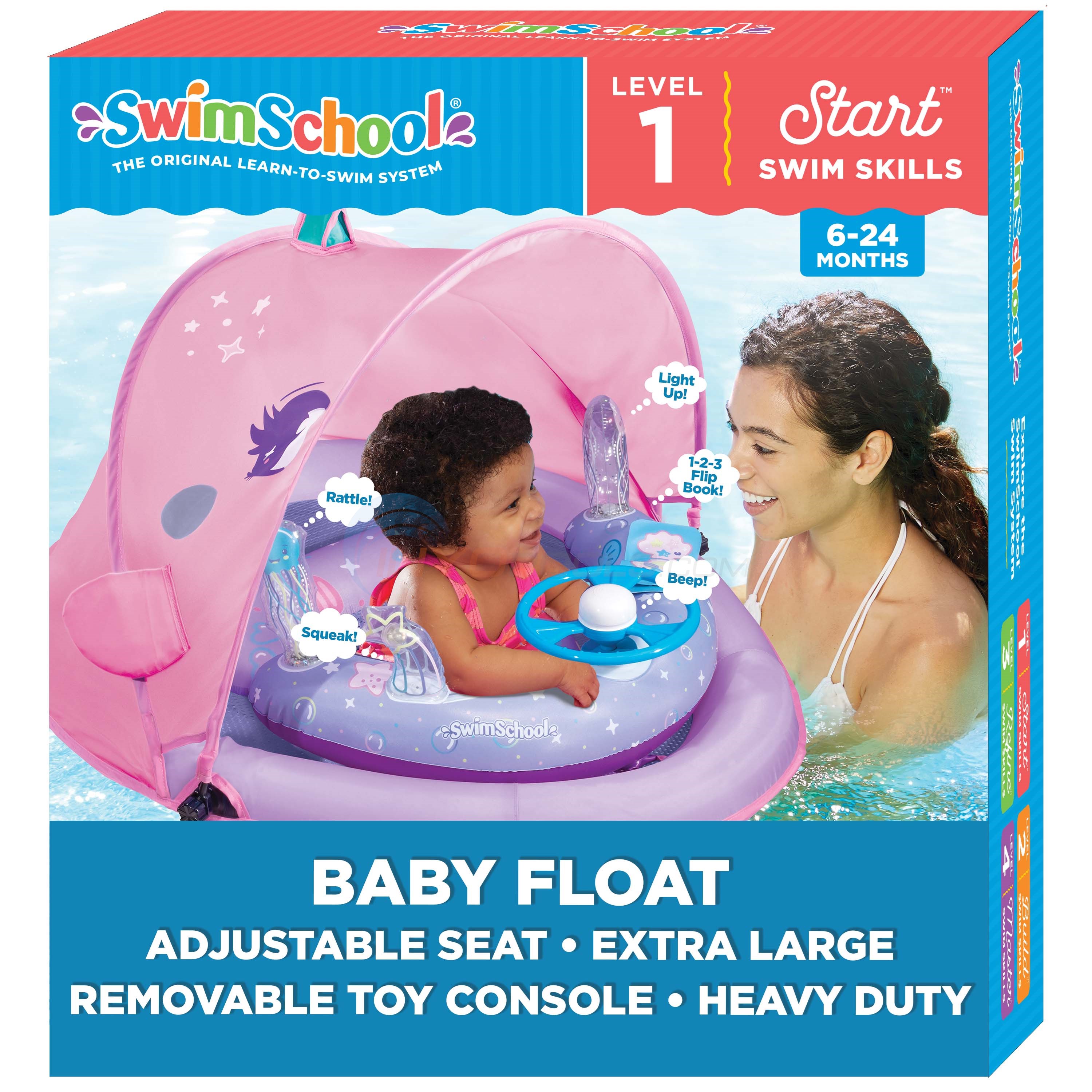 SwimSchool Infant Baby Pool Float with Play Activity Toys Pink