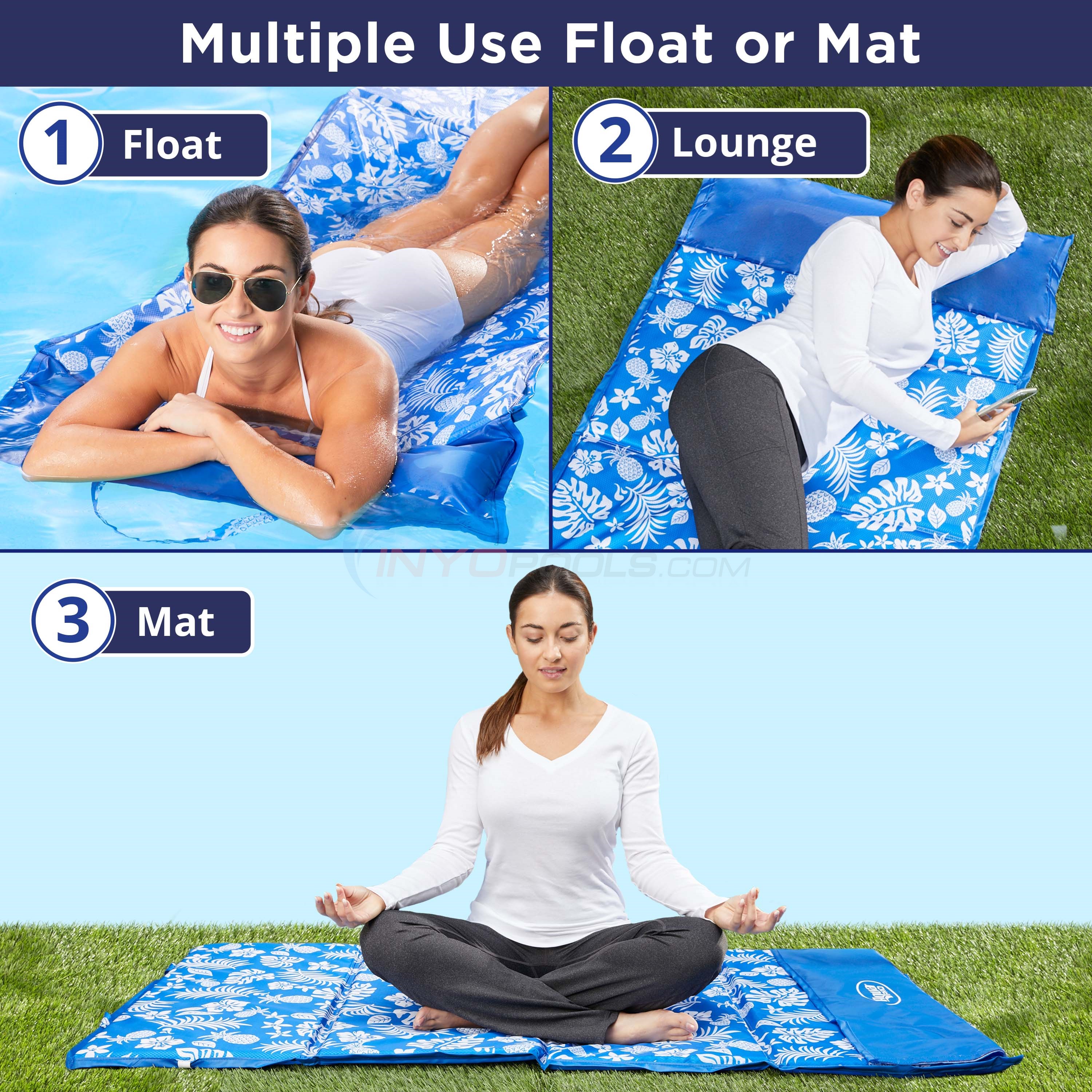 Aqua LEISURE 3in1 Foldable Pool Float Mat Blue Pineapple Hibiscus