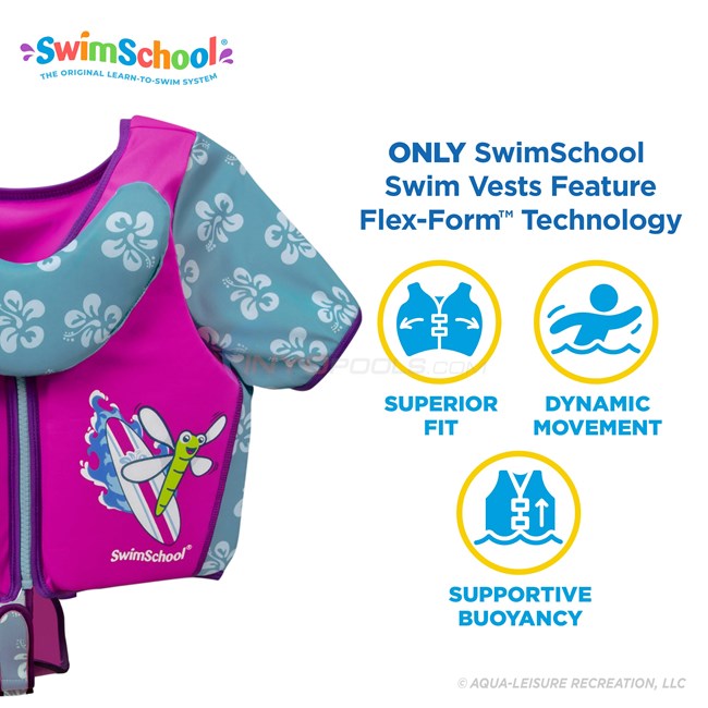 Aqua Leisure SwimSchool Swim Trainer Vest with UPF50 Shoulder Sleeves - Pink/Aqua - AZT15123SM