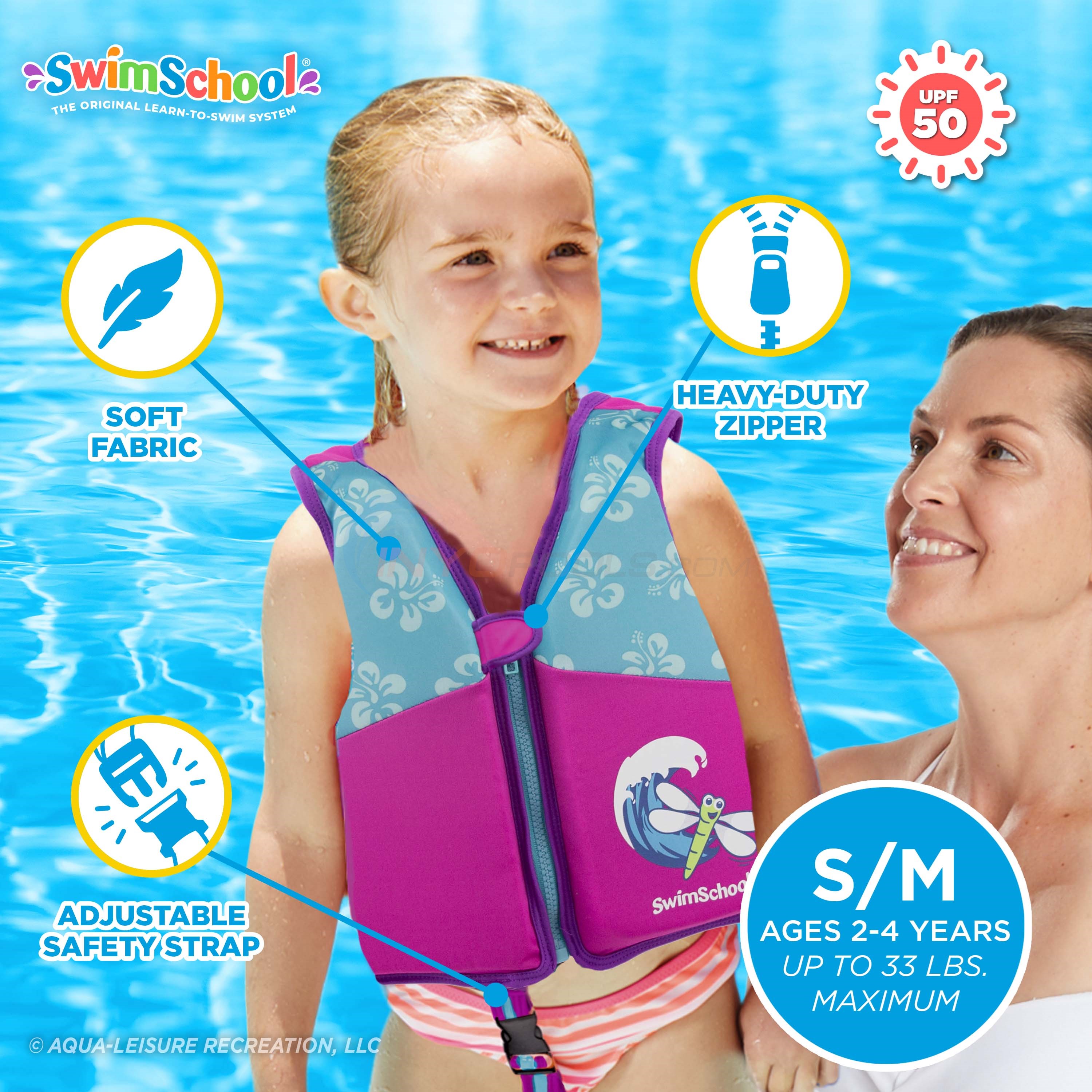 SwimSchool New & Improved Swim Trainer Vest Small/Medium Pink/Aqua