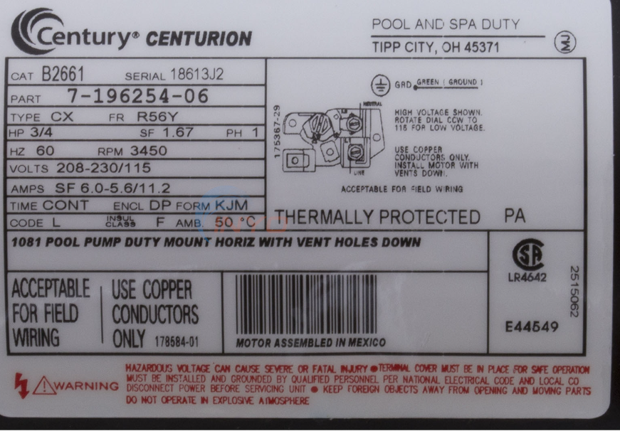 Century (A.O. Smith) .75 HP Full Rate Energy Efficient Motor, Square Flange 56Y Frame, Single Speed - Model B661 - B2661