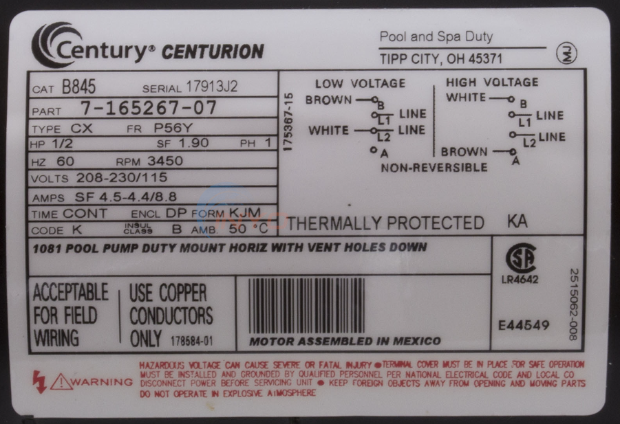Century (A.O. Smith) .5 HP Full Rate Energy Efficient Motor