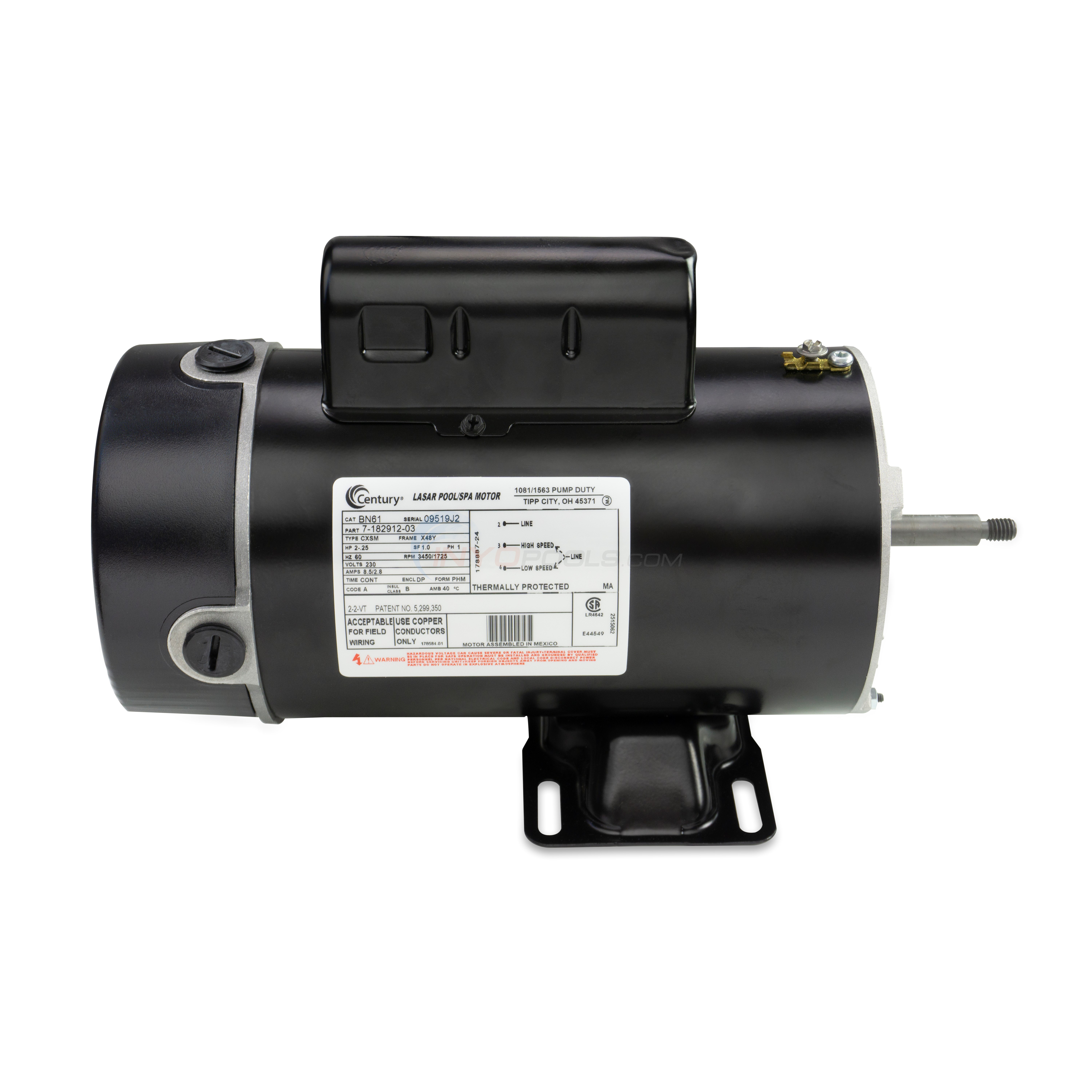 Magnetek Century (A.O. Smith) 2.0 HP Up Rate Low Amps Thru Bolt Motor, 48Y Frame, Dual Speed - Model BN61