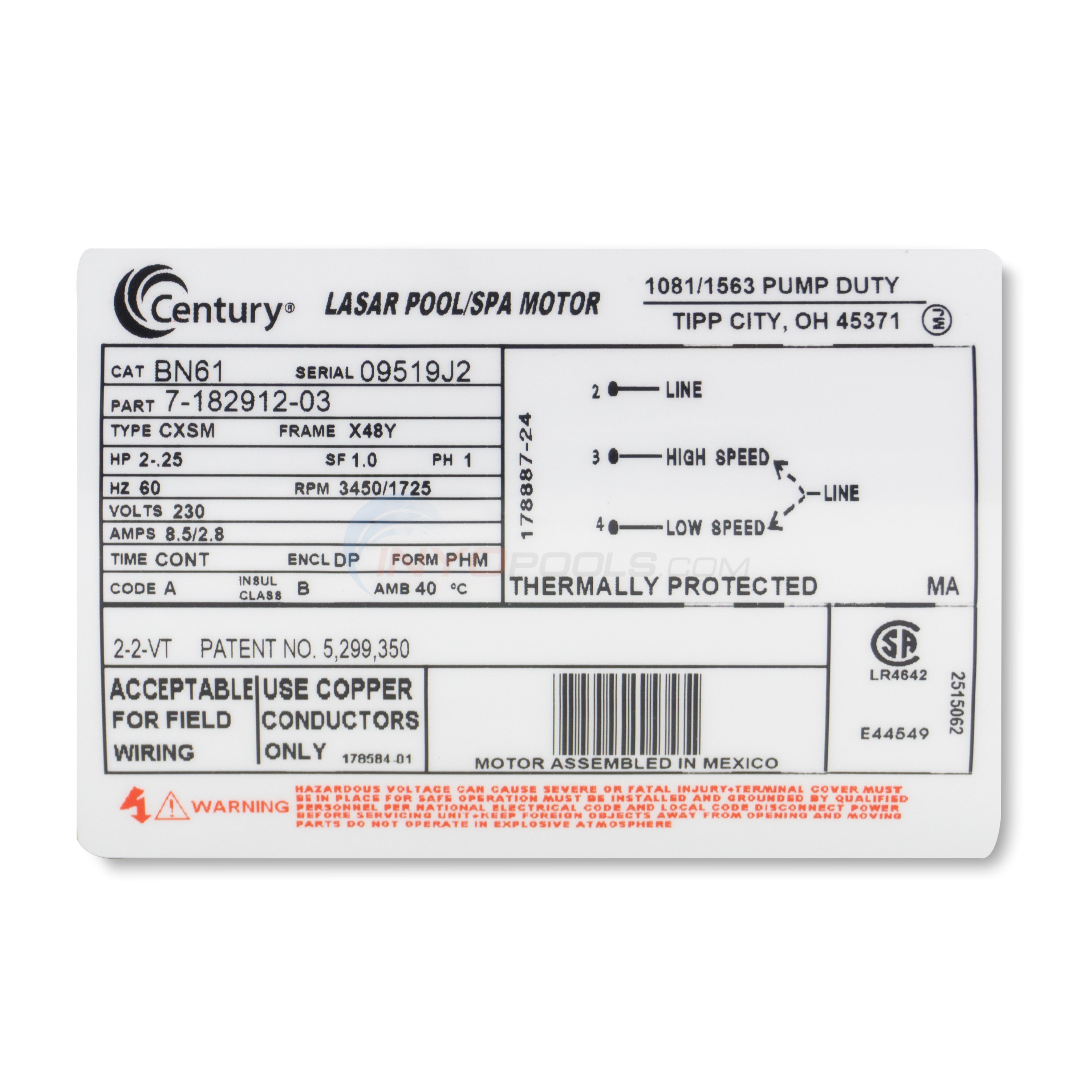 Magnetek Century (A.O. Smith) 2.0 HP Up Rate Low Amps Thru Bolt Motor, 48Y Frame, Dual Speed - Model BN61