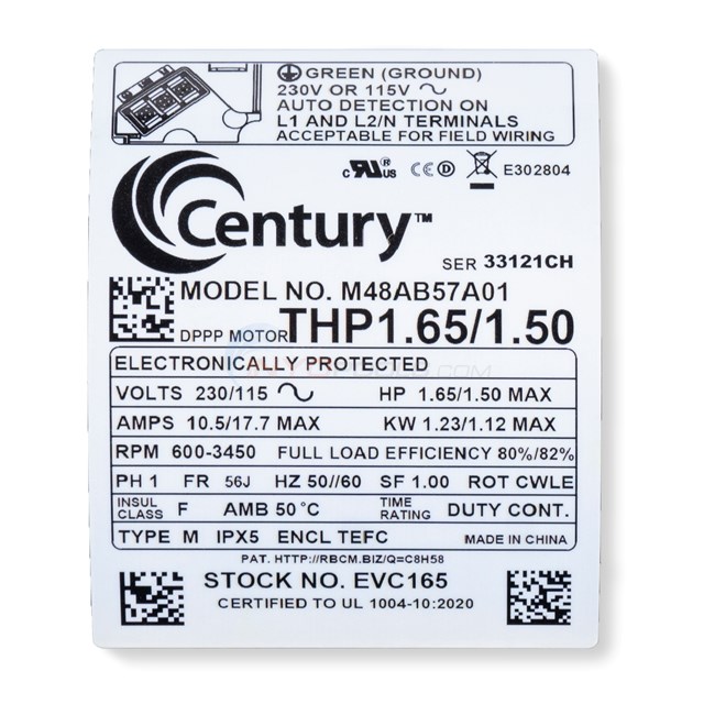 Century (A.O. Smith) V-Green EVO 1.65 HP Up Rate VS Motor, Round Flange 56J Frame, Variable Speed - Model EVC165
