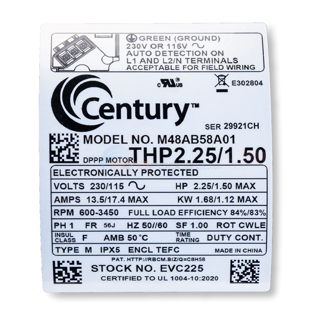 Century (A.O. Smith) V-Green EVO 2.25 HP Up Rate VS Motor, Round Flange 56J Frame, Variable Speed - Model EVC225