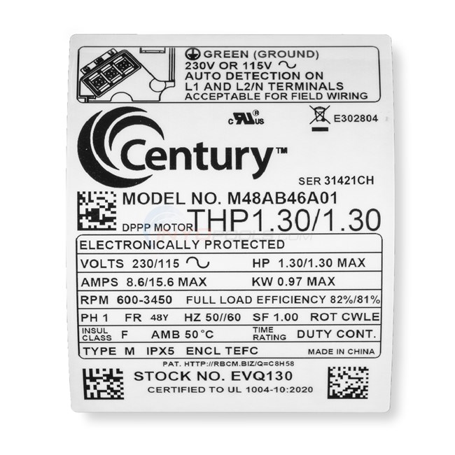 Century (A.O. Smith) V-Green EVO 1.30 HP Up Rate VS Motor, Square Flange 48Y Frame, Variable Speed - Model EVQ130