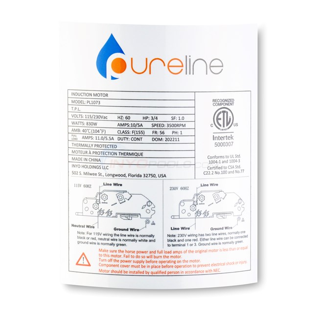 Pureline 3/4 HP Round Flange 56J Up Rate Motor - PL1073