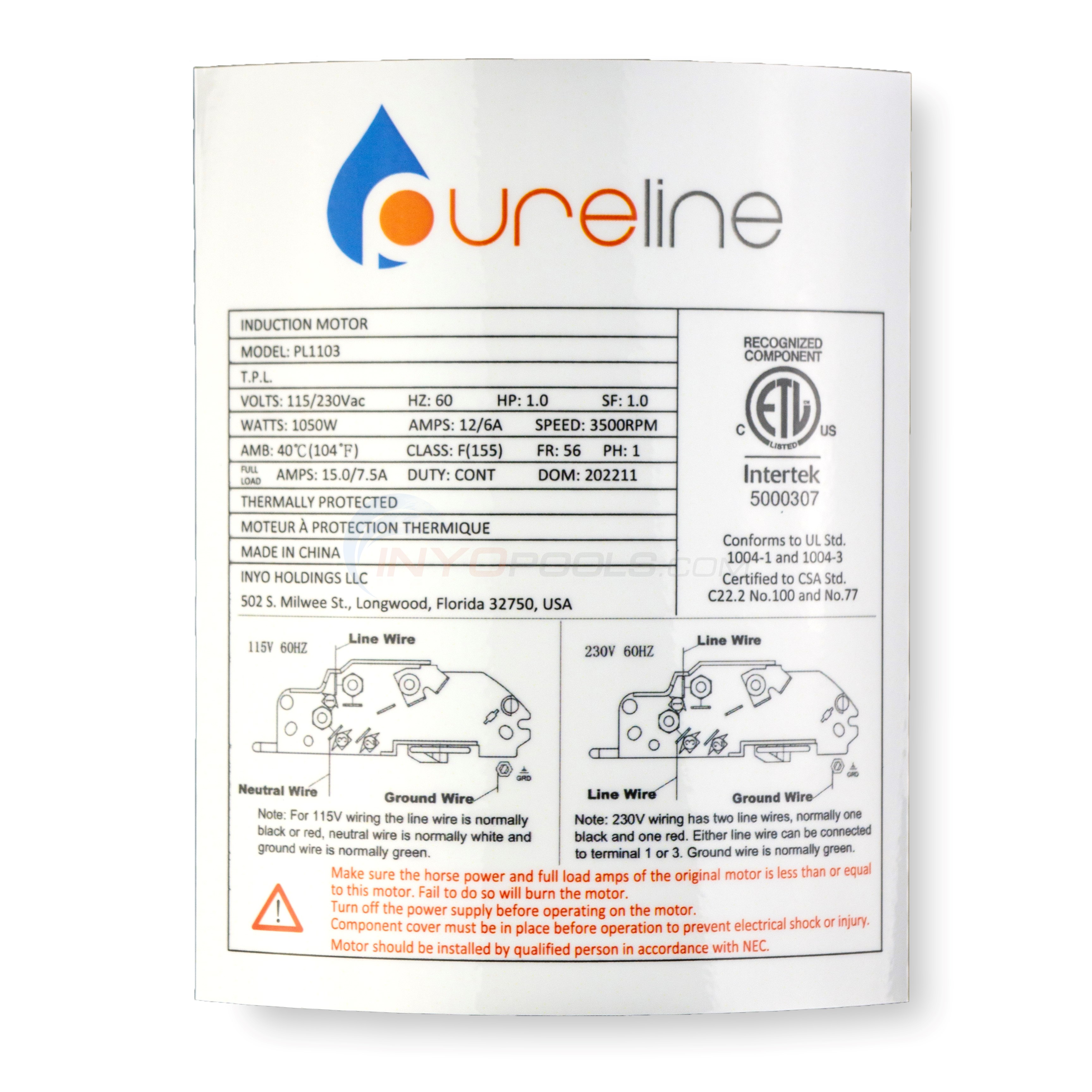 Pureline 1 HP Round Flange 56J Up Rate Motor | Replaces UST1102 - PL1103