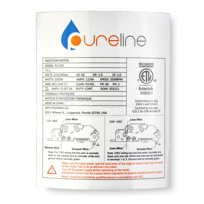 Pureline 1 HP Round Flange 56J Up Rate Motor - PL1103
